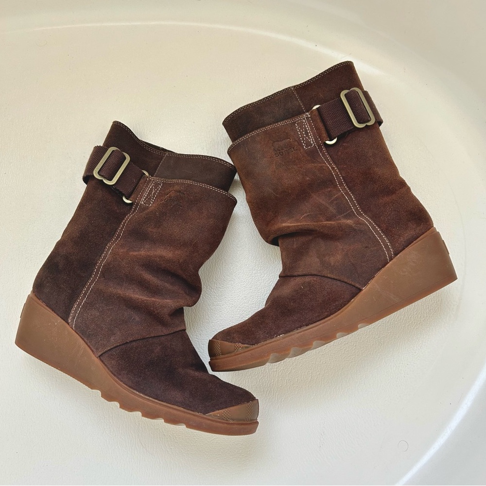 Sorel Toronto Brown Suede Mid Calf Wedge Boots Sz 9